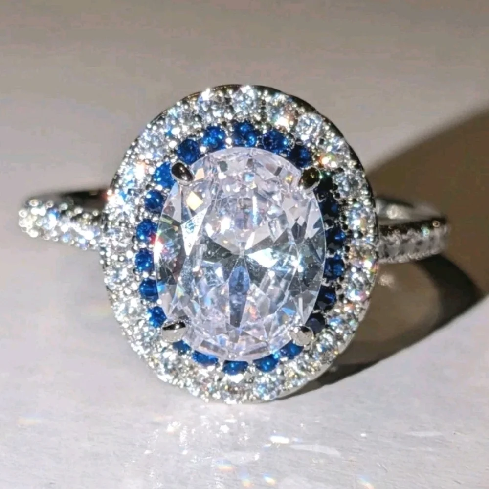 3Ct 925 Silver Oval Cut Blue Halo White Diamond Simulated Engagement Ring  Sz 10